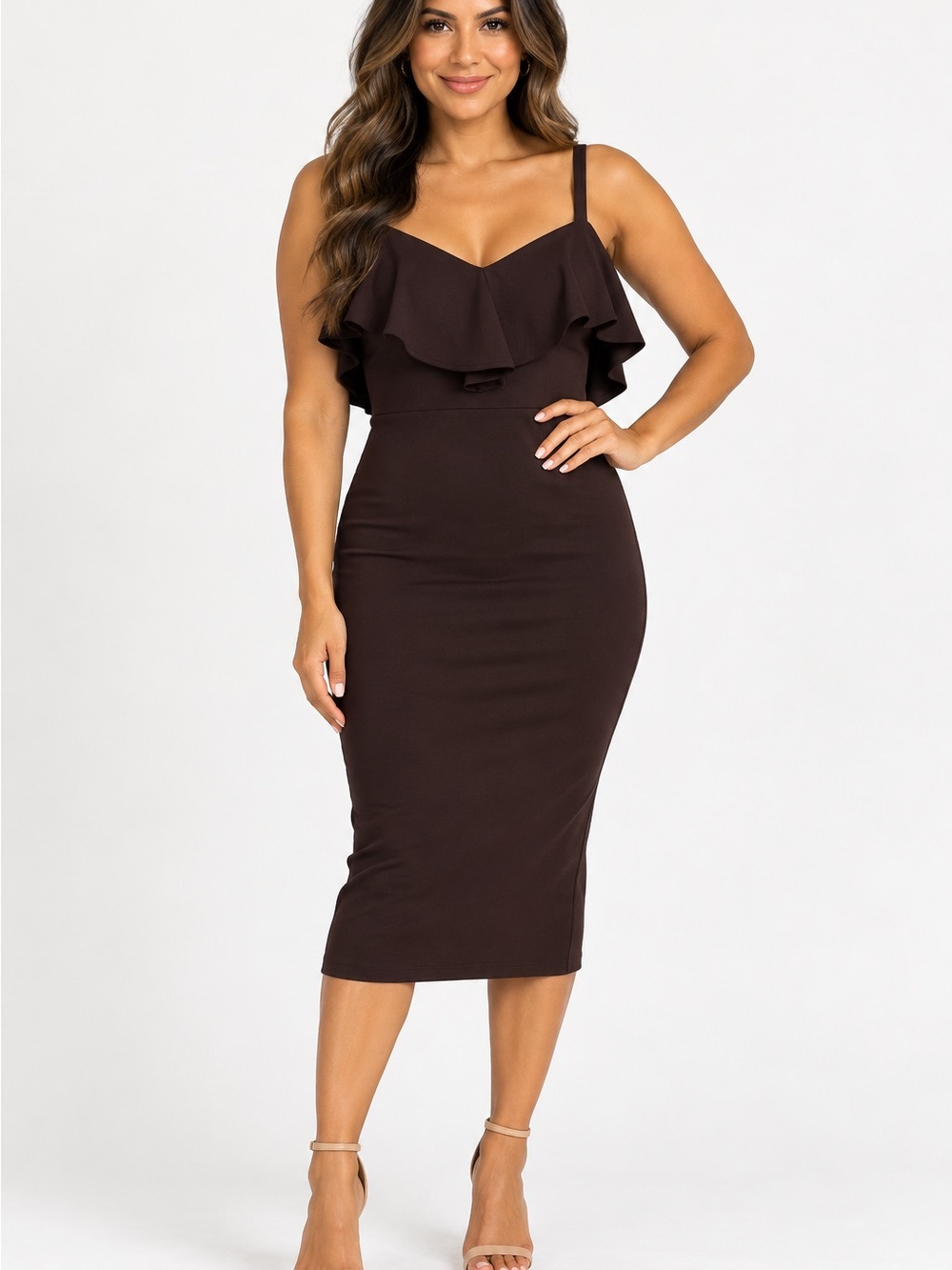 Rachel Roy Brown Ruffle Midi Dress – New With Tags